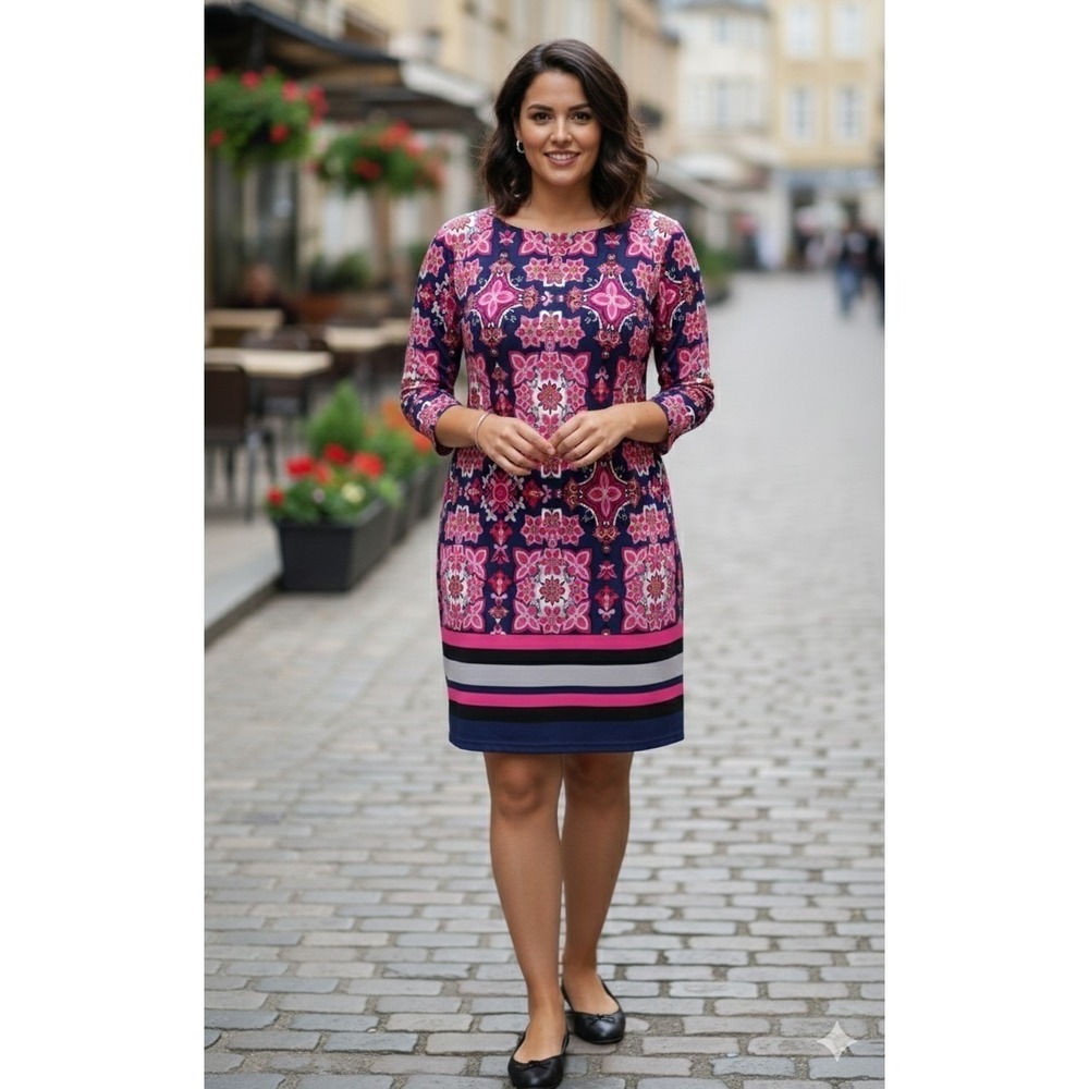 Vince Camuto Sheath Dress Womens 12 Pink Navy Floral Medallion 3/4 Sleeve Scuba